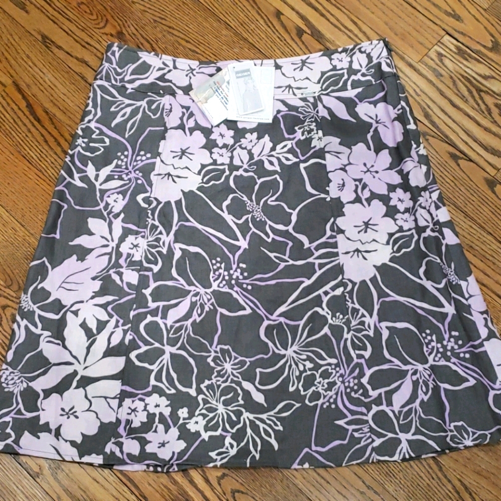 Geiger 100% linen A-line floral design skirt
